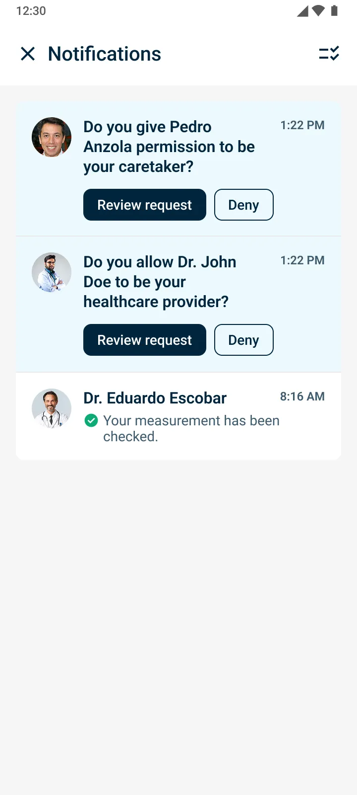Notificaciones con solicitudes pendientes de un familiar y de un médico