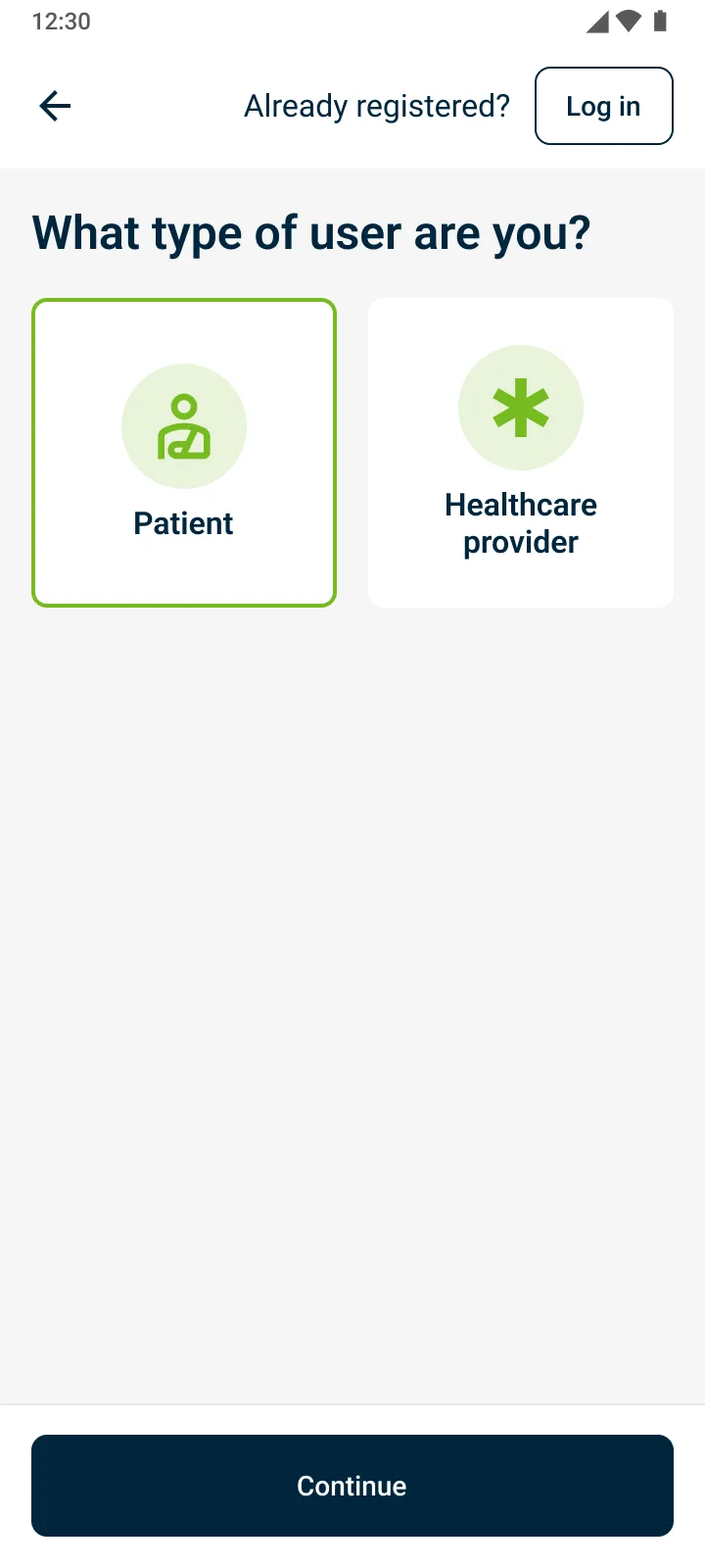 Pantalla del registro para elegir entre cuenta de paciente y de profesional de la salud