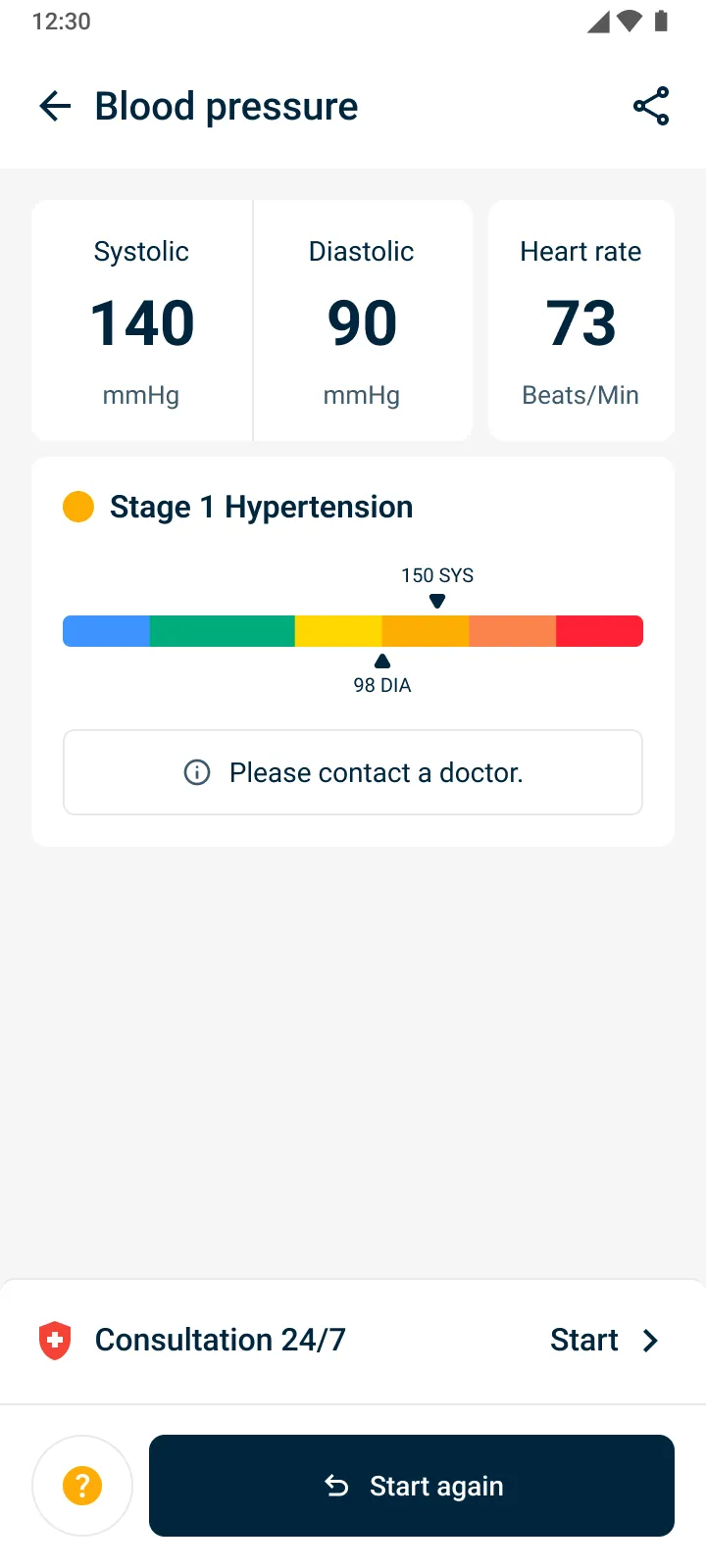 Resultado de hipertensión etapa 1 con la sugerencia de contactar a un médico y acceso a una consulta