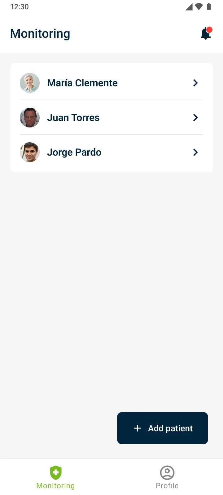 Inicio del médico con la lista de pacientes monitoreados