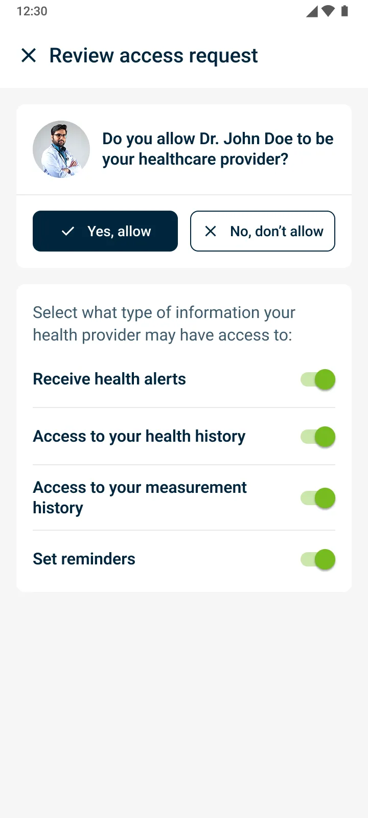 Pantalla para aprobar a un médico, incluido el permiso para crear recordatorios